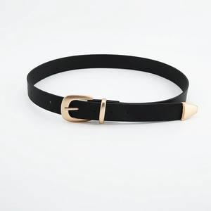 Classic black slim leather belt for women with minimalist gold round buckle and metal tip