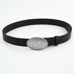 Classic black leather belt with a matte oval silver buckle for women's denim jeans