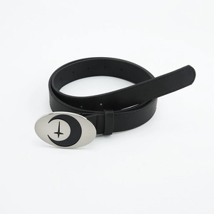 Women black leather belt with silver oval buckle featuring crescent moon and star