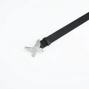 Minimalist black leather belt for women with elegant silver butterfly metal buckle