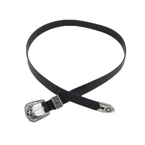 Vintage style black leather belt with ornate silver star floral engraved buckle for women