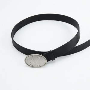 Close-up of black leather belt with silver oval buckle featuring embossed 22 digits