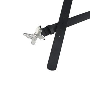 Women's black leather belt featuring a unique silver butterfly buckle with grid texture