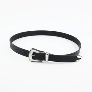 Vintage western black skinny leather belt with engraved silver metal buckle for women