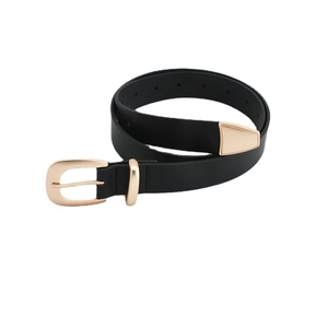 Vintage black leather belt for women with golden D-ring buckle and triangle metal tip