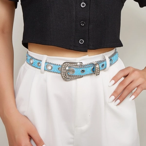 Women Fashion Y2K Rhinestone PU Leather Waist Belt Sky Blue Sequin Glitter Belt With Alloy Pin Buckle For Jeans Pants
