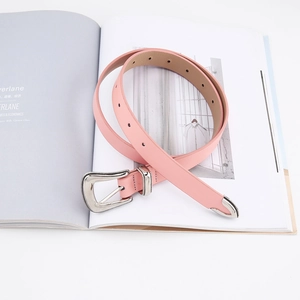 Pink vintage style slim faux leather belt with retro engraved silver buckle and metal tip