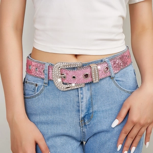 Ceinture Femme à Paillettes Rose avec Strass Style Western Y2K Large Taille en Cuir PU avec Boucle en Alliage pour Jeans
