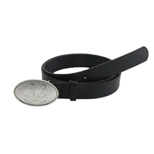 Classic black leather belt for jeans featuring a matte silver oval buckle with artistic logo