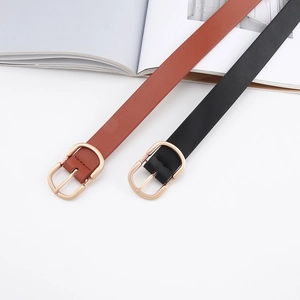 Set of minimalist black and brown leather belts with elegant light gold U-shaped buckles
