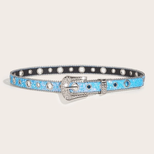 Sparkling blue rhinestone belt with Y2K aesthetic and silver buckle for women