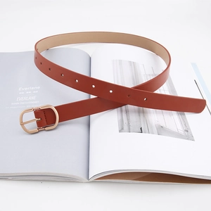 Vintage reddish brown leather belt with gold D-shaped buckle for jeans and dresses