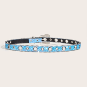 Sparkly light blue rhinestone belt for women with silver metal pin buckle and sequins