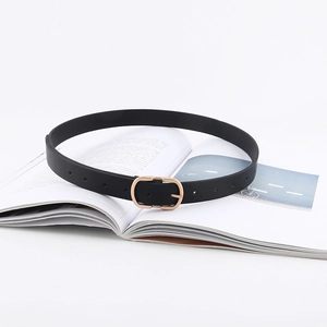 Classic black leather belt with a rose gold oval pin buckle for jeans and dresses