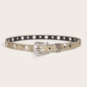 Women's glitter gold belt with rhinestone buckle and metal eyelets on white background