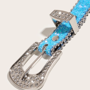 Sparkling blue glitter belt with rhinestone buckle and silver chain edges for women