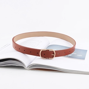 Classic brown leather belt for women with elegant matte gold oval metal pin buckle