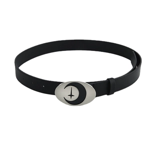 Black PU leather belt featuring silver oval buckle with crescent moon and star motif