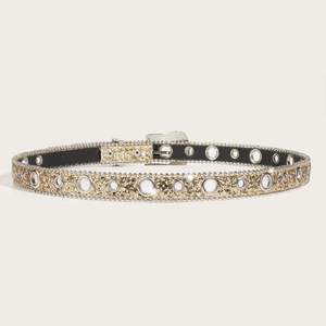 Sparkly gold sequin belt with silver metal eyelets and beaded edges for stylish women