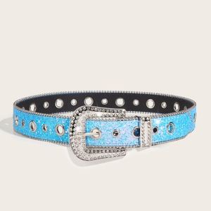Sparkling blue sequin belt with western rhinestone buckle and metal eyelets for women