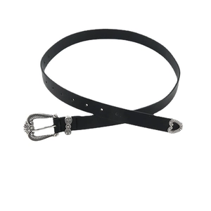 Vintage black leather belt with ornate silver western style buckle for women's jeans
