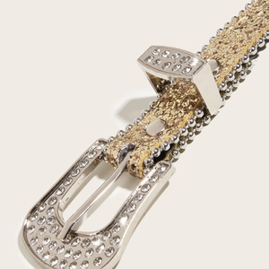 Sparkling rhinestone thin waist belt with gold glitter finish and silver beaded edges