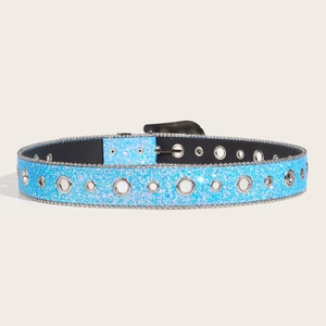 Sparkling light blue sequin belt with silver eyelets and Y2K aesthetic design