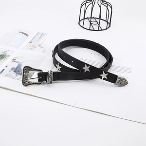 Women Vintage Western Star Rivet Belt Artificial Leather Punk Waist Strap With Engraved Alloy Buckle Jeans Belt For Daily Wear