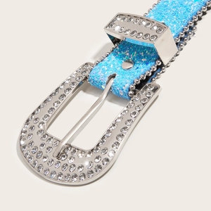 Sparkling sky blue rhinestone belt with sequin finish and silver studded edges