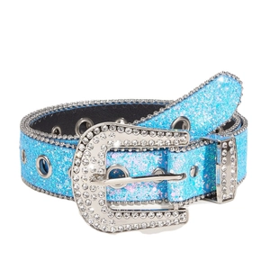 Sparkly light blue rhinestone belt with sequins and large western style buckle for women