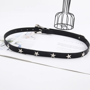 Retro black leather belt with silver star studs and engraved buckle for women's jeans