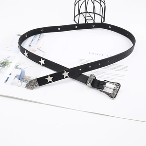 Western style black belt with silver star studs and vintage engraved buckle for jeans