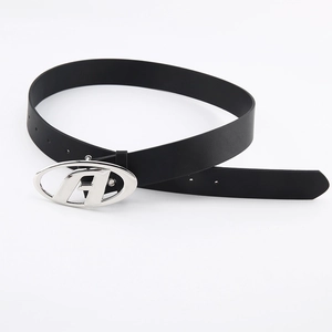 Black leather belt with minimalist silver oval buckle featuring a bold letter A design