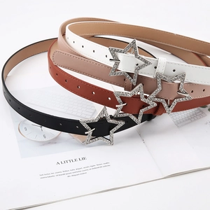 Women Fashion Skinny Faux Leather Belt With Star Shaped Rhinestone Buckle Versatile Thin Waist Belt For Jeans Dresses