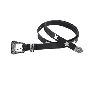 Western black leather belt with silver star rivets and engraved floral metal buckle