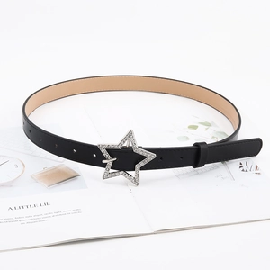 Women's black leather belt with a rhinestone-studded star buckle for denim jeans
