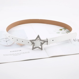 Detail of white PU leather belt featuring a star-shaped buckle with sparkling rhinestones