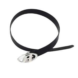 Minimalist black leather belt for women featuring an oval silver buckle with letter A