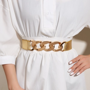 Women Fashion Gold Metal Chain Corset Belt Elastic Waist Cinch Belt For Dresses Overcoat Decorative Wide Waistband