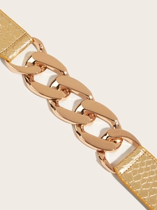 Golden chain belt for dresses with textured faux leather and polished metal links