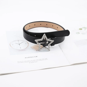 Women's black faux leather belt featuring a sparkling rhinestone star buckle for jeans
