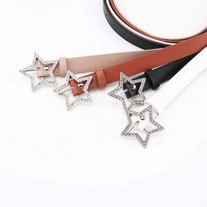 Black beige brown white skinny faux leather belts with star rhinestone buckle for women