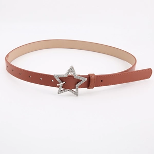 Detail of a thin brown leather belt with a sparkling star-shaped rhinestone buckle closure