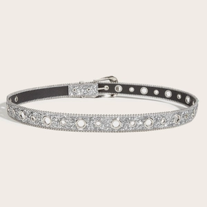 Fine ceinture pailletée argentée pour femme avec œillets métalliques et boucle ardillon