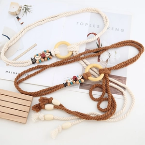 Cintura a Corda in Vita in Cotone e Lino Intrecciata a Mano Bohemien per Donna Con Anello in Legno Perline di Conchiglia Nappa