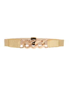 Elegant gold elastic waist belt with large metal chain buckle and snake pattern texture