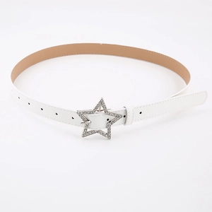 Detailed view of a white leather belt featuring a silver star buckle with sparkling rhinestones