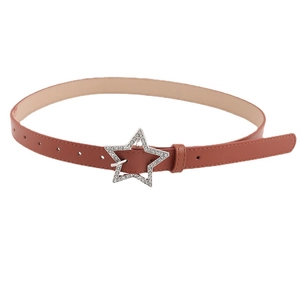 Elegant reddish-brown skinny leather belt with rhinestone-studded star-shaped buckle detail