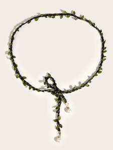 Handmade forest style braided waist rope with green leaves and elegant pearl tassels