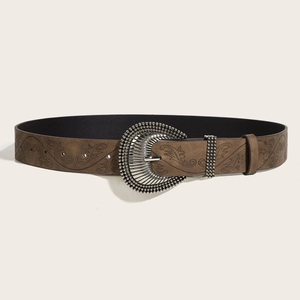 Vintage brown textured leather belt with ornate silver oval buckle and floral engravings